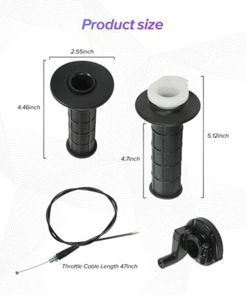 Throttle grip set size diagram showing grip dimensions and included cable length