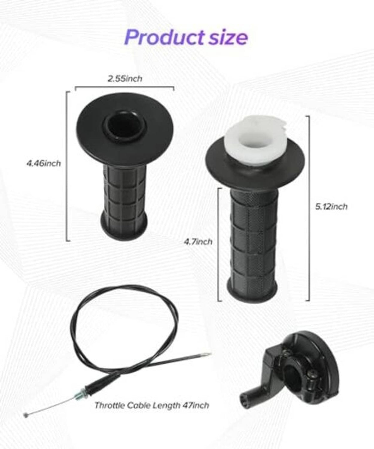 Throttle grip set size diagram showing grip dimensions and included cable length