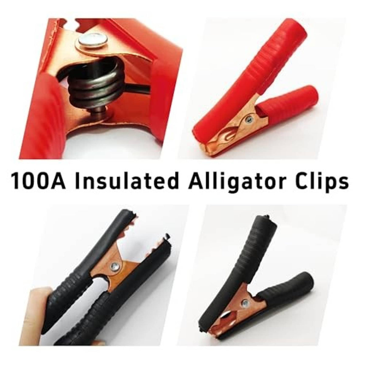 Insulated alligator clip pair with red and black grips and copper spring-loaded jaws
