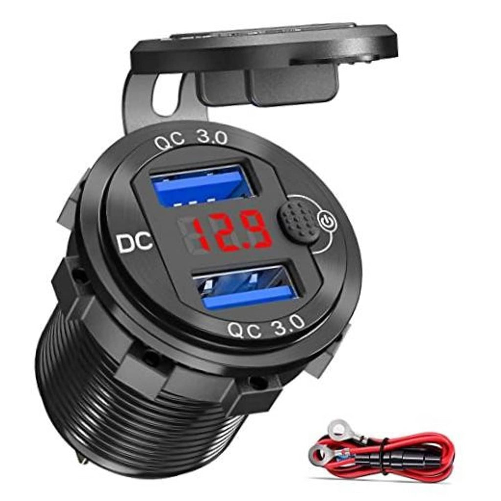 Dual USB car charger with QC 3.0 ports and digital voltage display, black body
