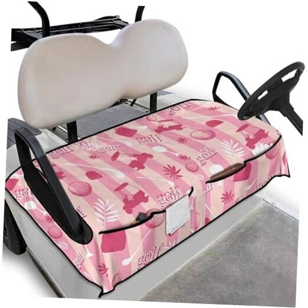 Pink golf cart seat cover towel with golf-themed pattern, black trim, and two seat sections