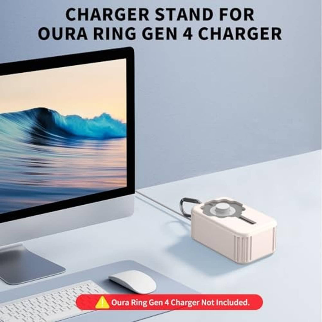 Off-white silicone charger stand cover with gray charging opening and metal hanging loop