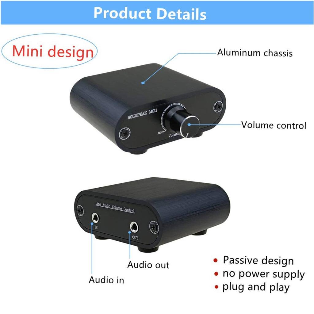 Dark blue aluminum audio volume controller with volume control dial and IN/OUT jacks.