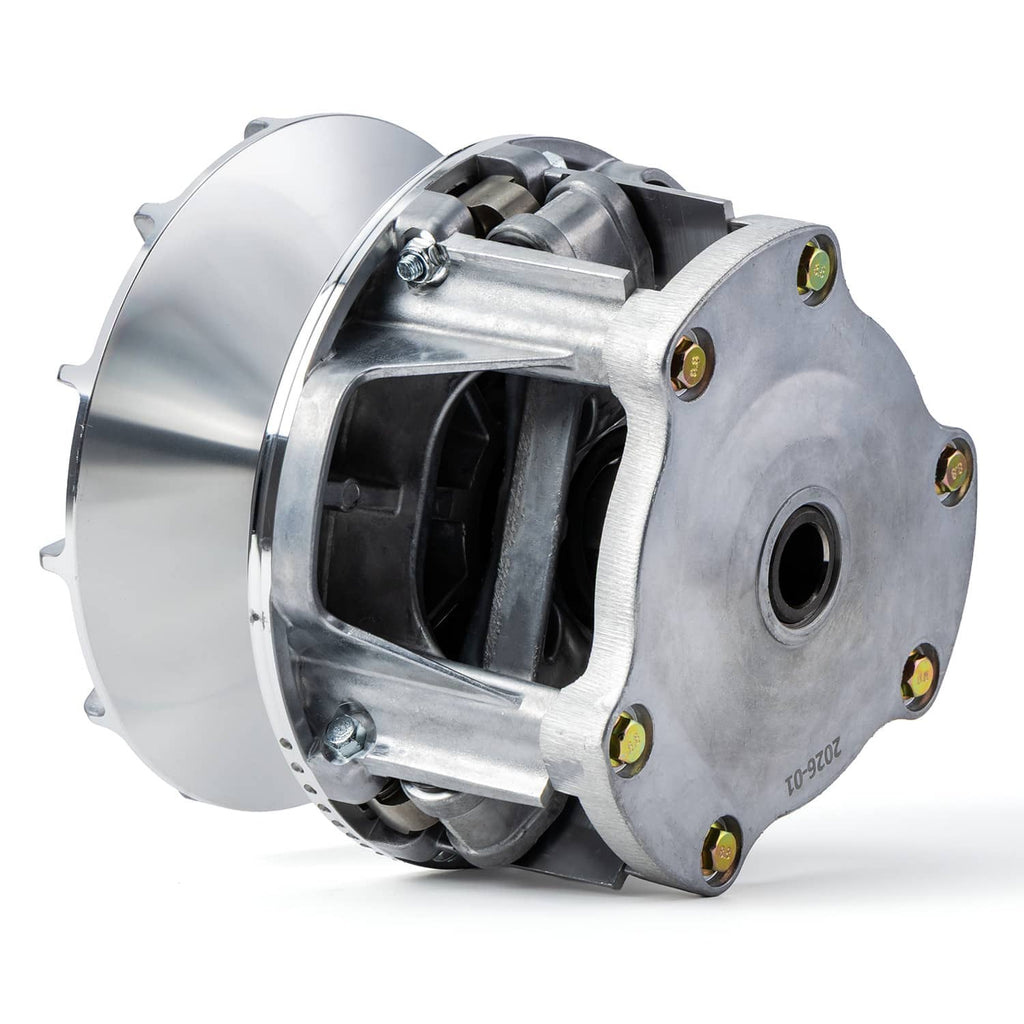 Aluminum clutch housing with black insert and mounting bolts, silver metal