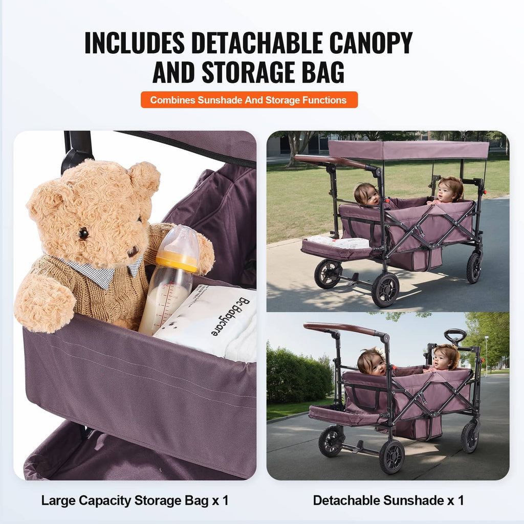 Purple double wagon stroller with detachable canopy and large storage bag