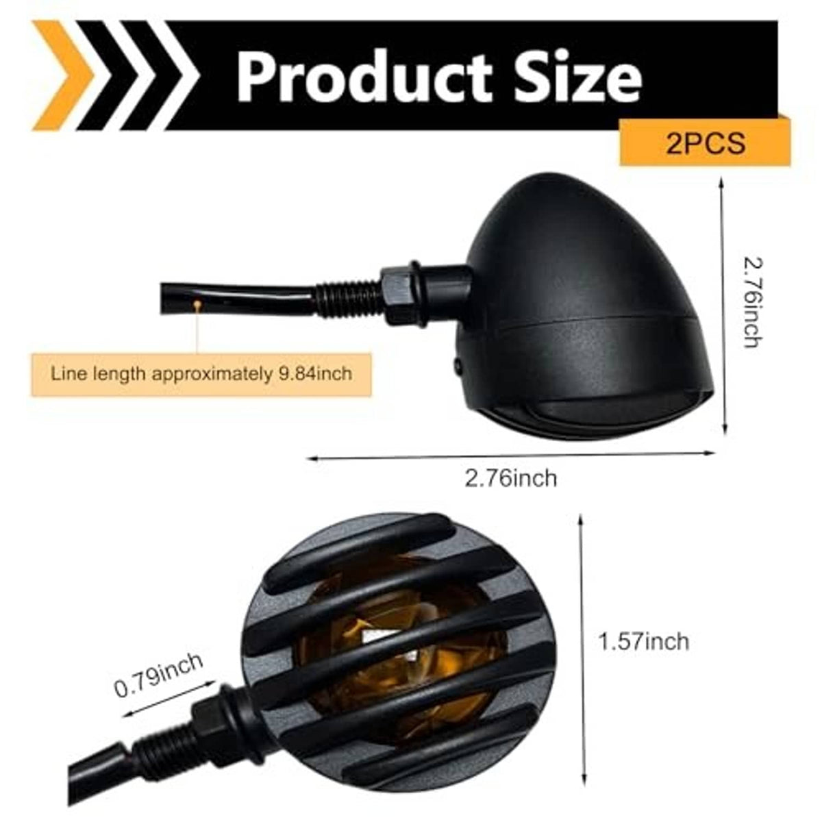 Black motorcycle LED turn signal pair with amber lens and visible mounting stem