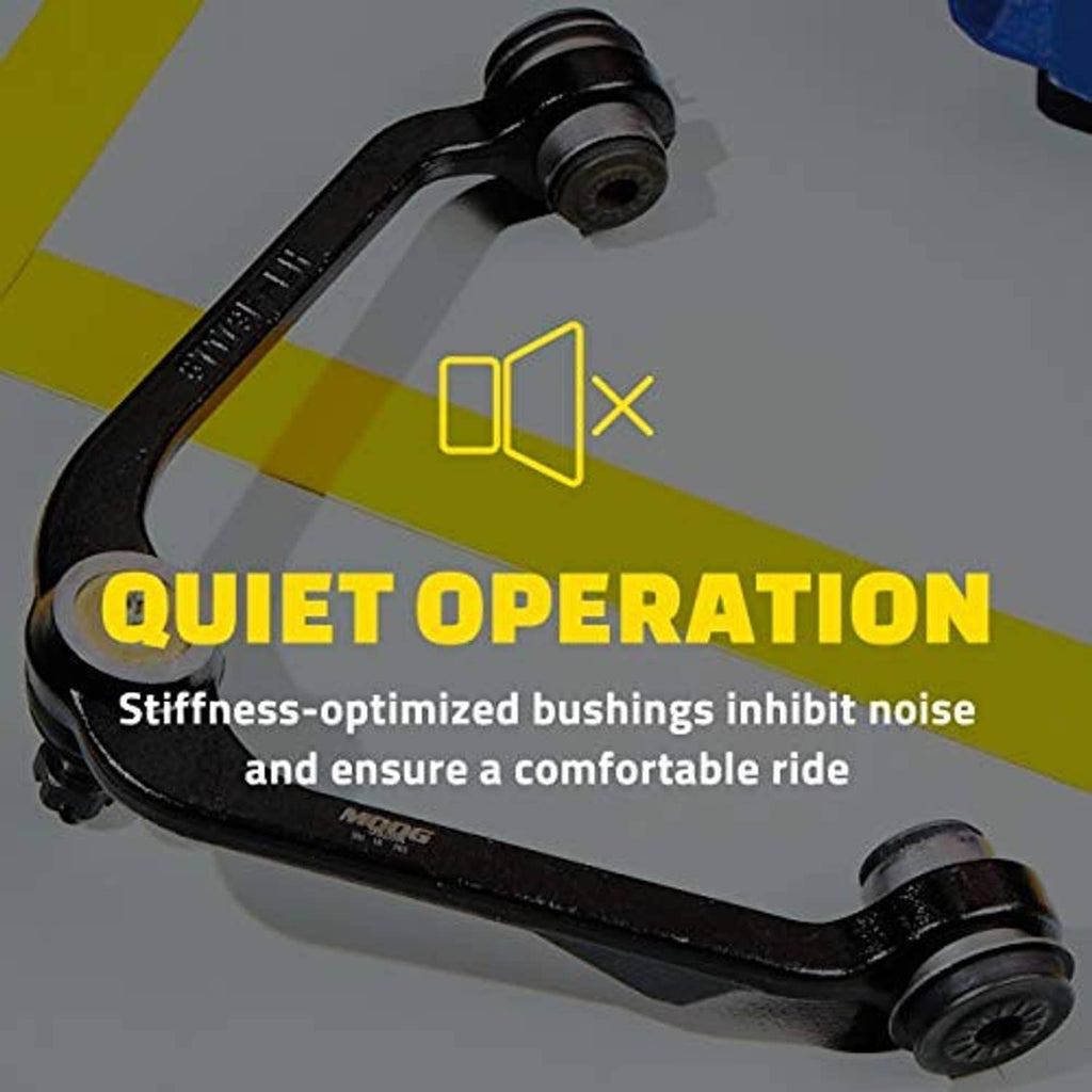 Front upper control arm with ball joint and end bushings, installed on vehicle