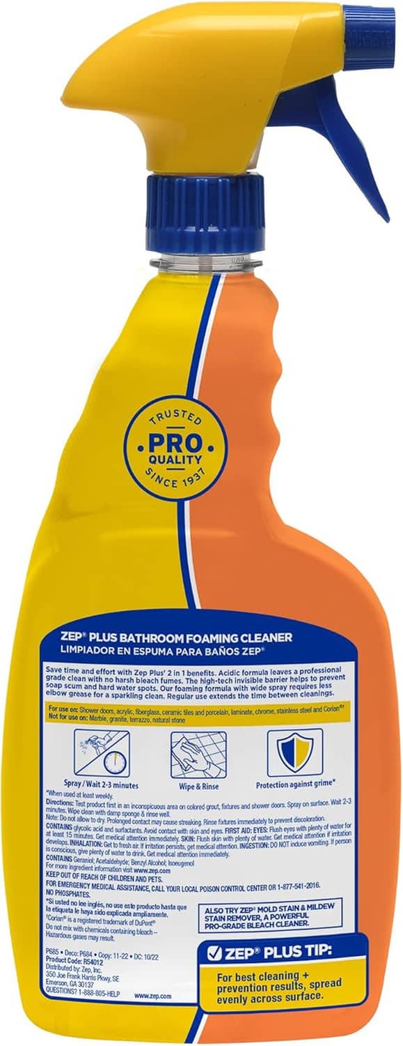 Zep Plus Bathroom foaming cleaner bottle rear label with blue trigger sprayer, yellow-orange