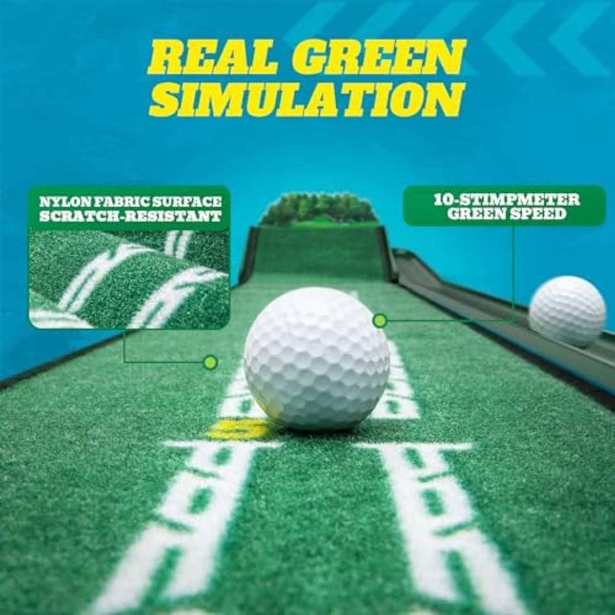 Green putting mat with aiming markings, domed golf ball, and cup target on the lane.