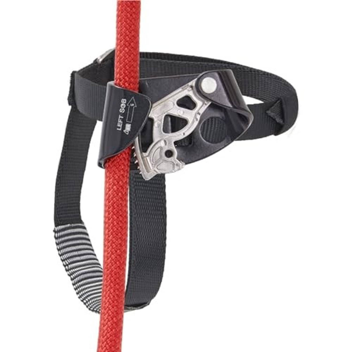 Black left foot ascender with silver lever and black strap on red rope