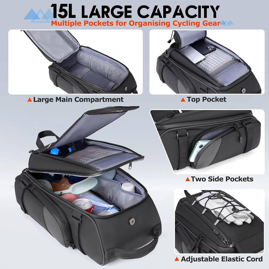 Black 15L bike trunk bag open to show large main compartment, top pocket, and side pockets
