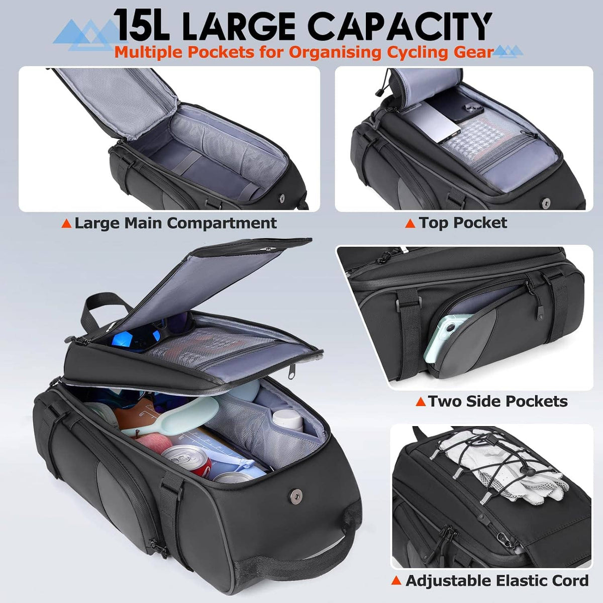 Black 15L bike trunk bag open to show large main compartment, top pocket, and side pockets