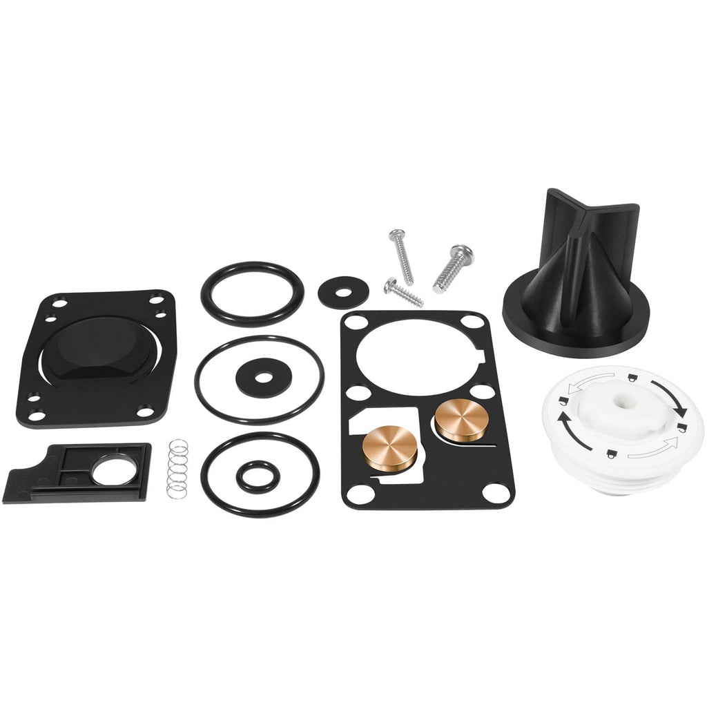Marine toilet service kit with valve bases, gasket plates, O-rings, and manual service pump parts