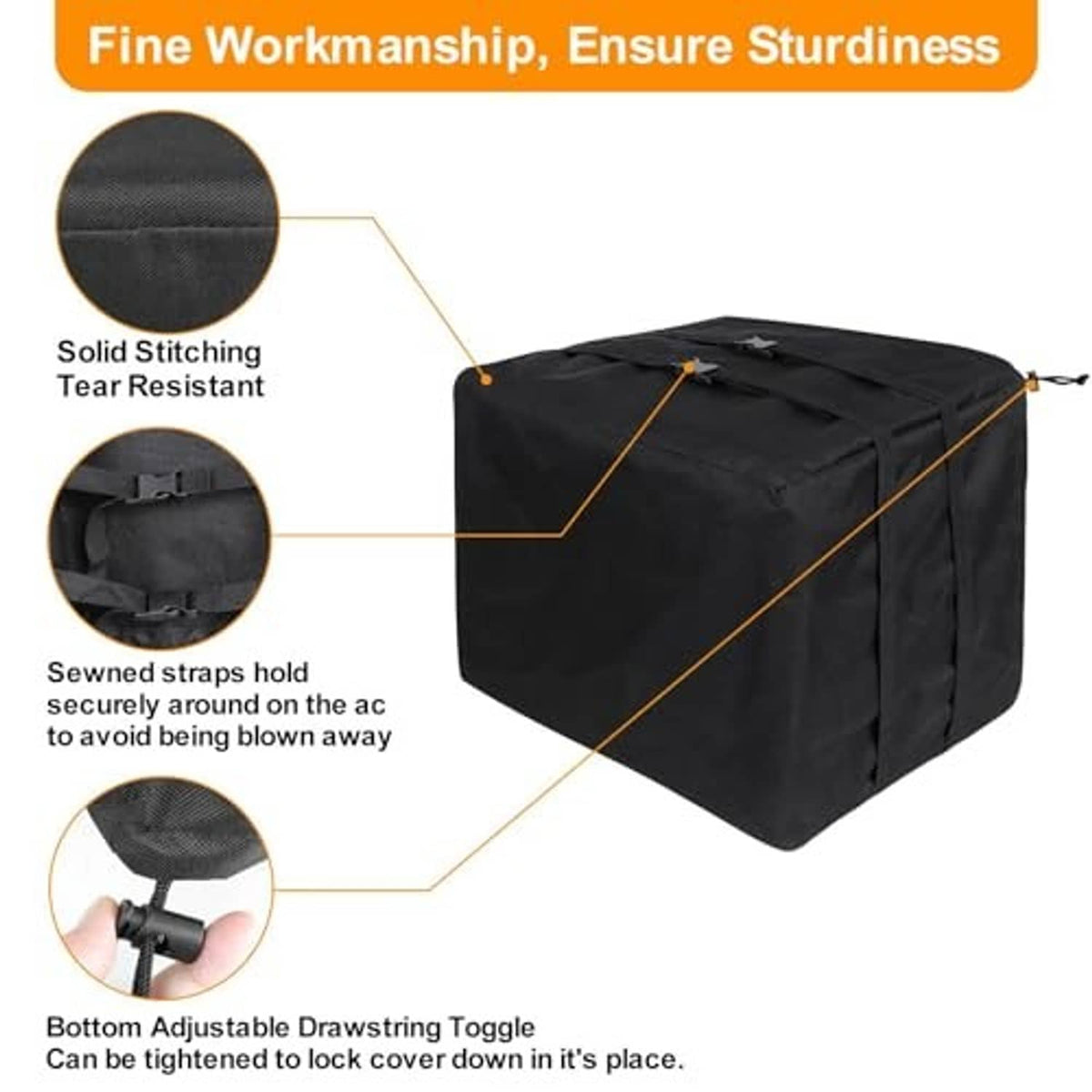 Dark AC cover with stitched seams, strap details, and adjustable bottom drawstring.
