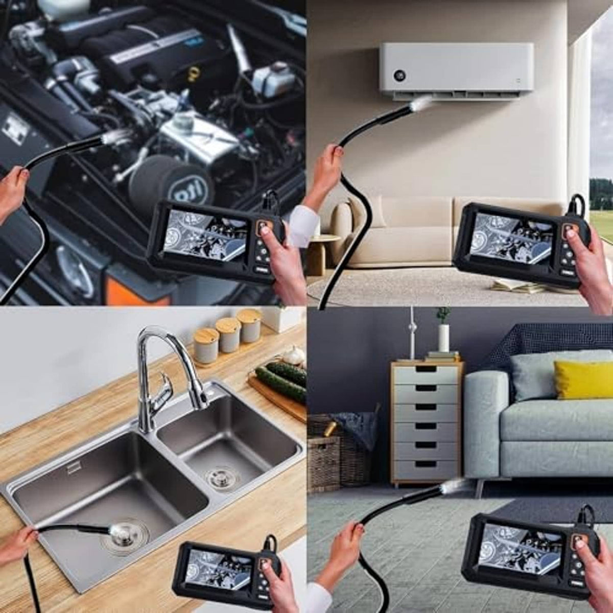 Endoscope camera for inspection with flexible cable and handheld monitor shown in car and kitchen