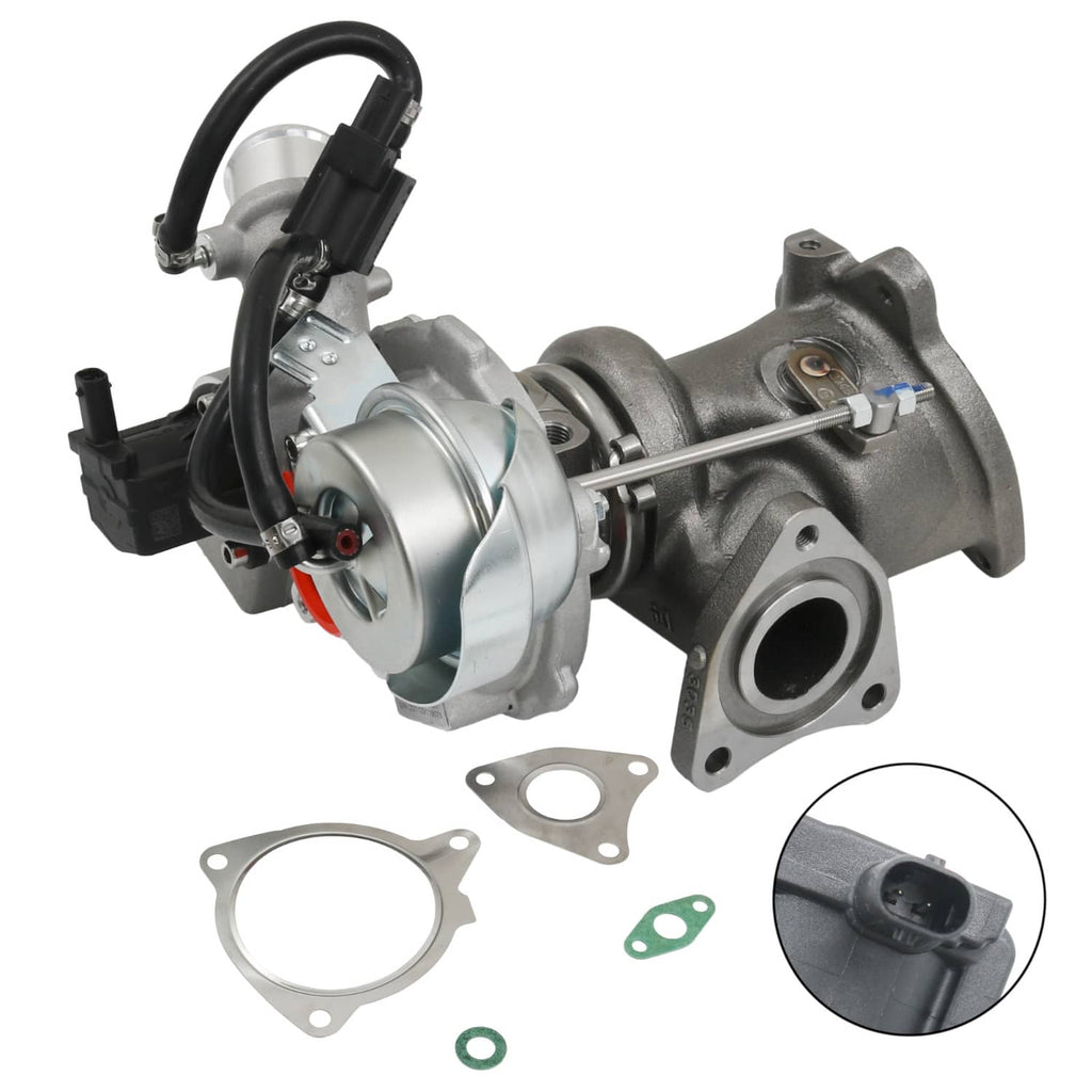 Turbocharger assembly with black hoses, silver compressor housing and mounting flanges