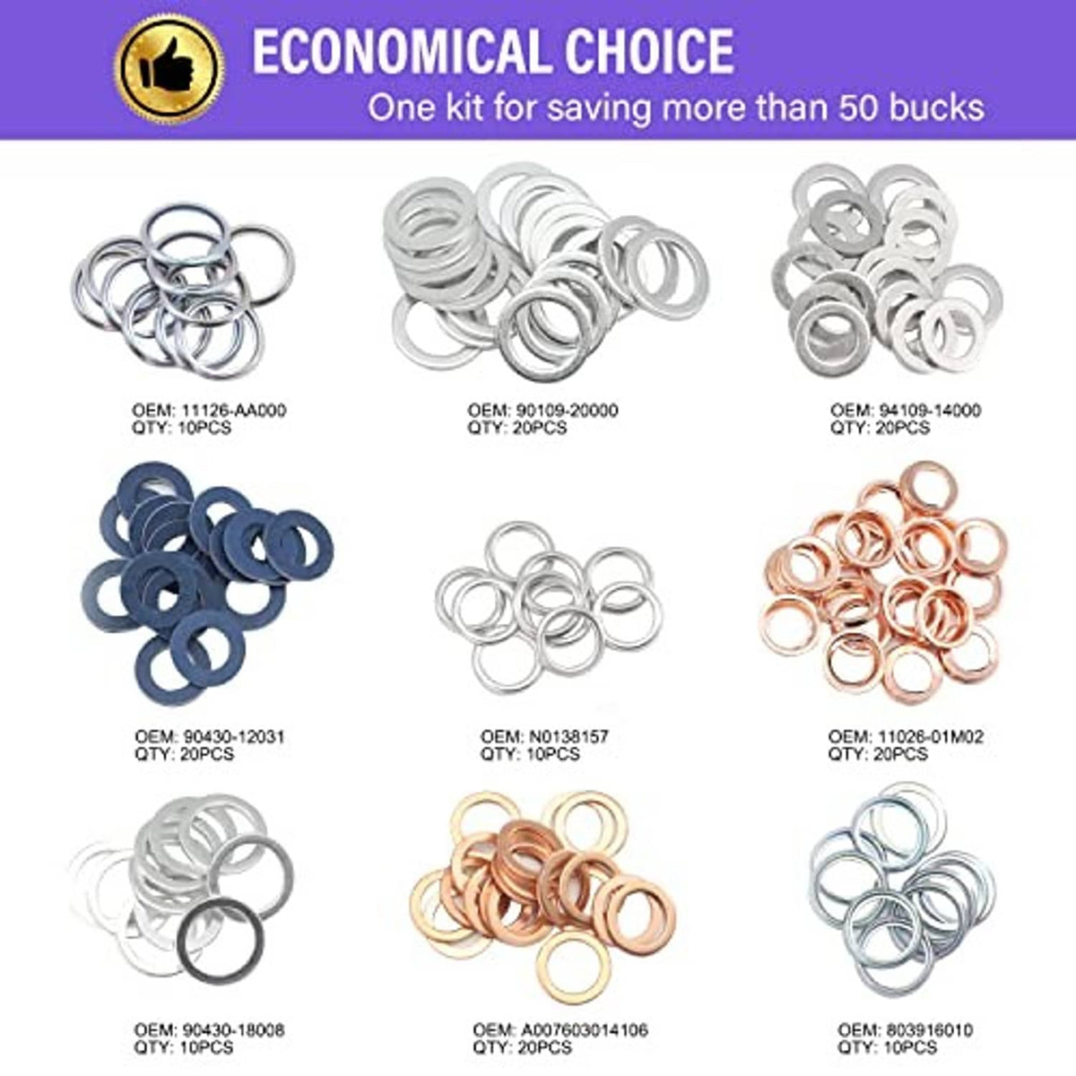 Assorted oil drain plug gaskets in silver, blue, and copper colors