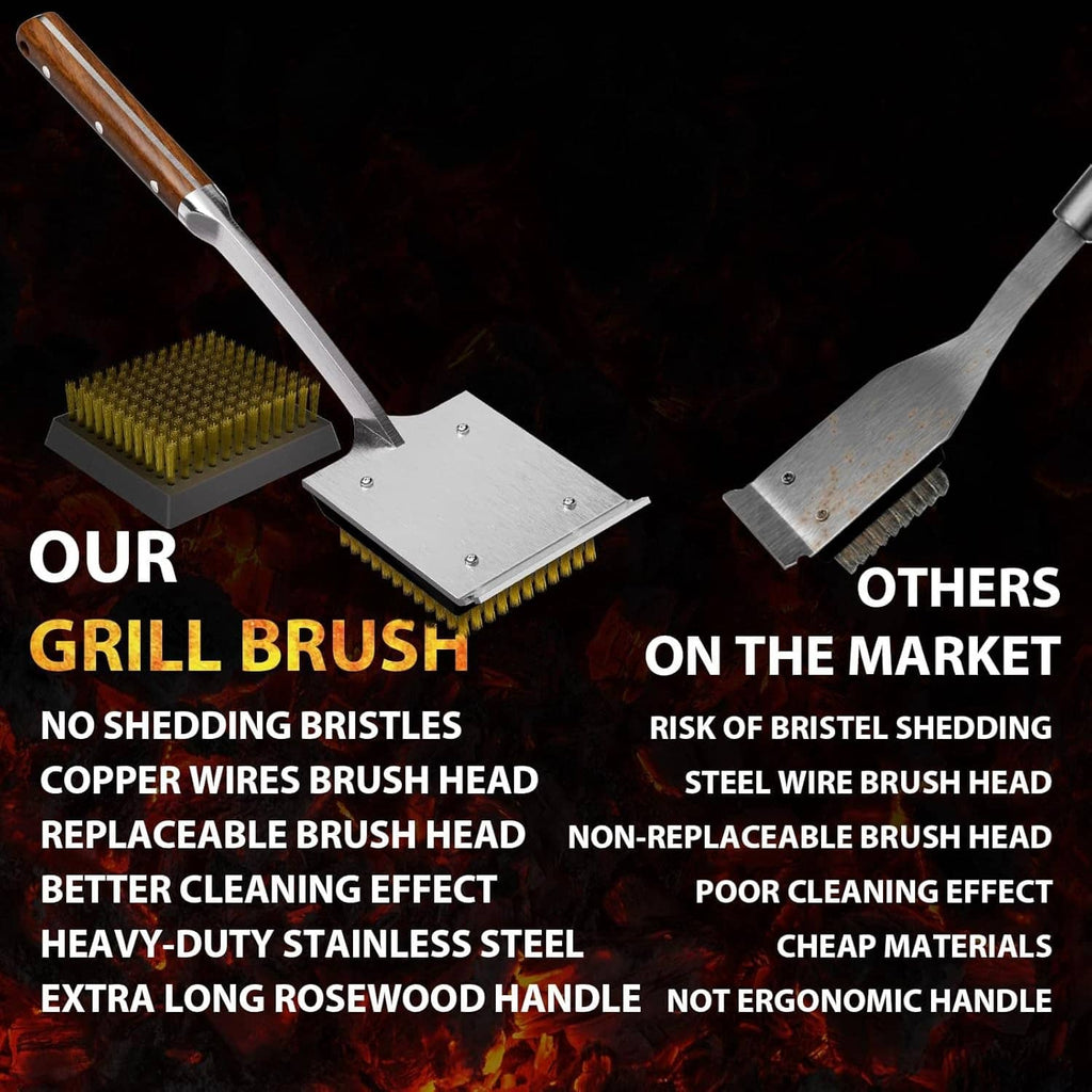 Copper wire grill brush set with replaceable heads and rosewood handle