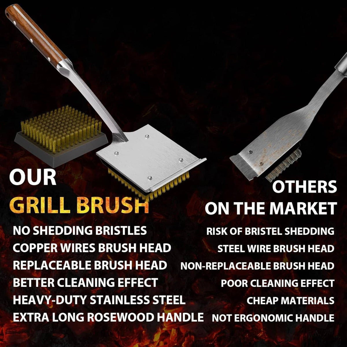Copper wire grill brush set with replaceable heads and rosewood handle