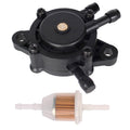 Black fuel pump with inlet/outlet ports and mounting ears, plus inline fuel filter