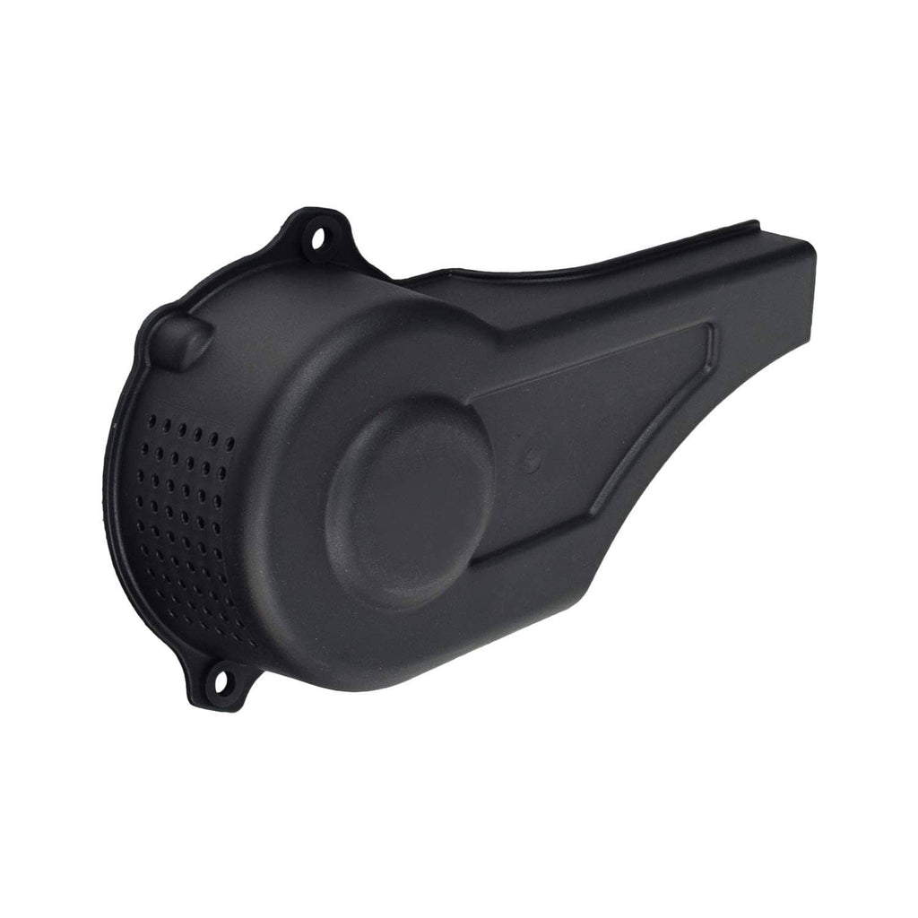 Black plastic clutch cover with circular center and mounting holes, side vent detail