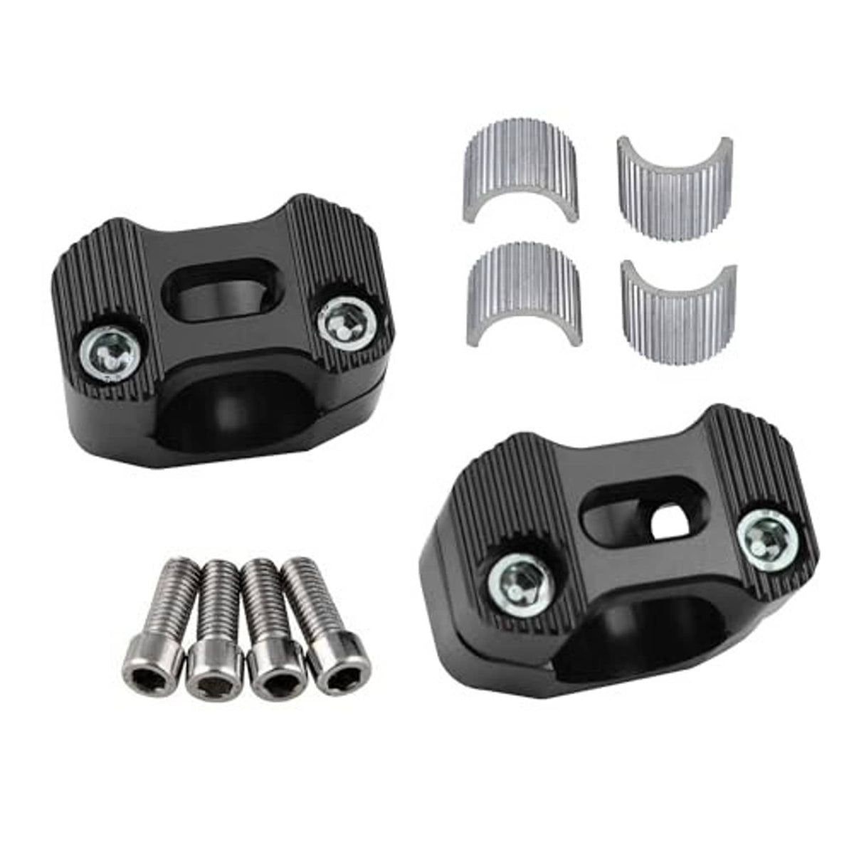Black motorcycle handlebar clamp riser set with bolts and four silver split bushings