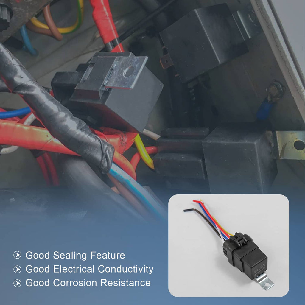 Waterproof relay socket harness installed with black connectors and colored wires in housing
