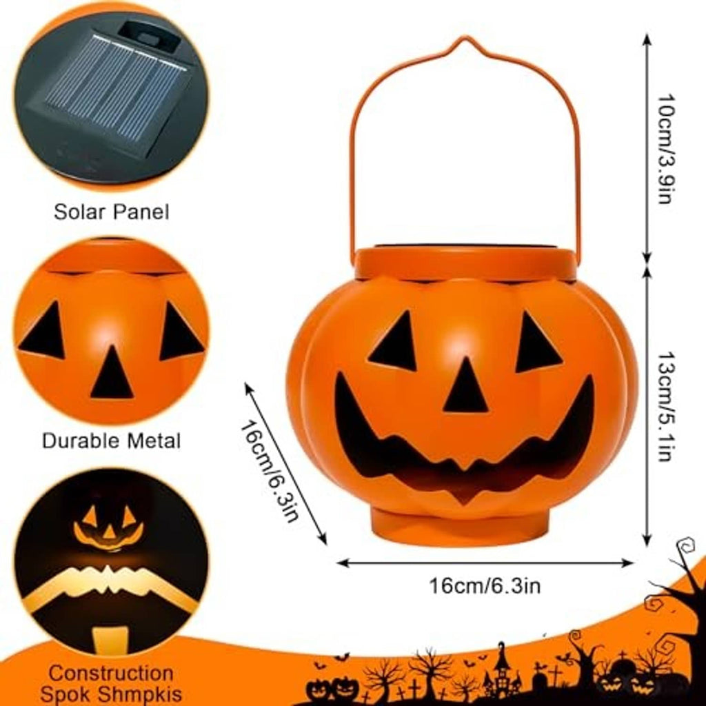 Orange pumpkin-shaped solar lantern with jack-o'-lantern cutouts and loop handle