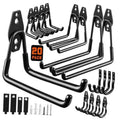 Black steel garage hook set with curved arms and mounting plates, 20-pack.