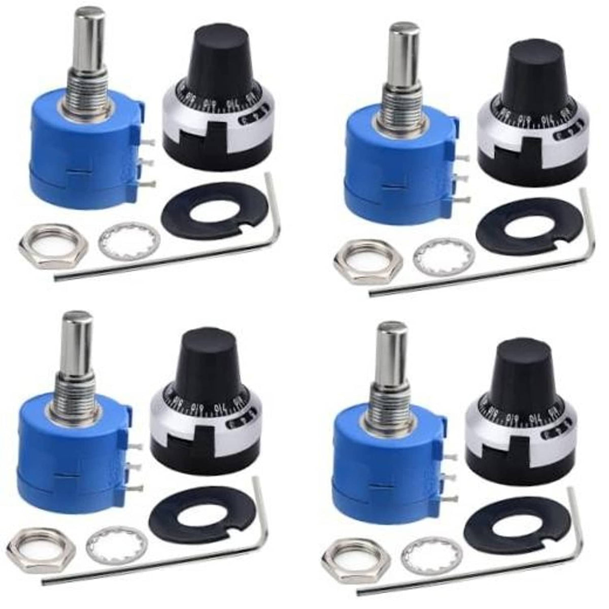 10-turn wirewound potentiometer, blue body with metal adjustment shaft and black knob