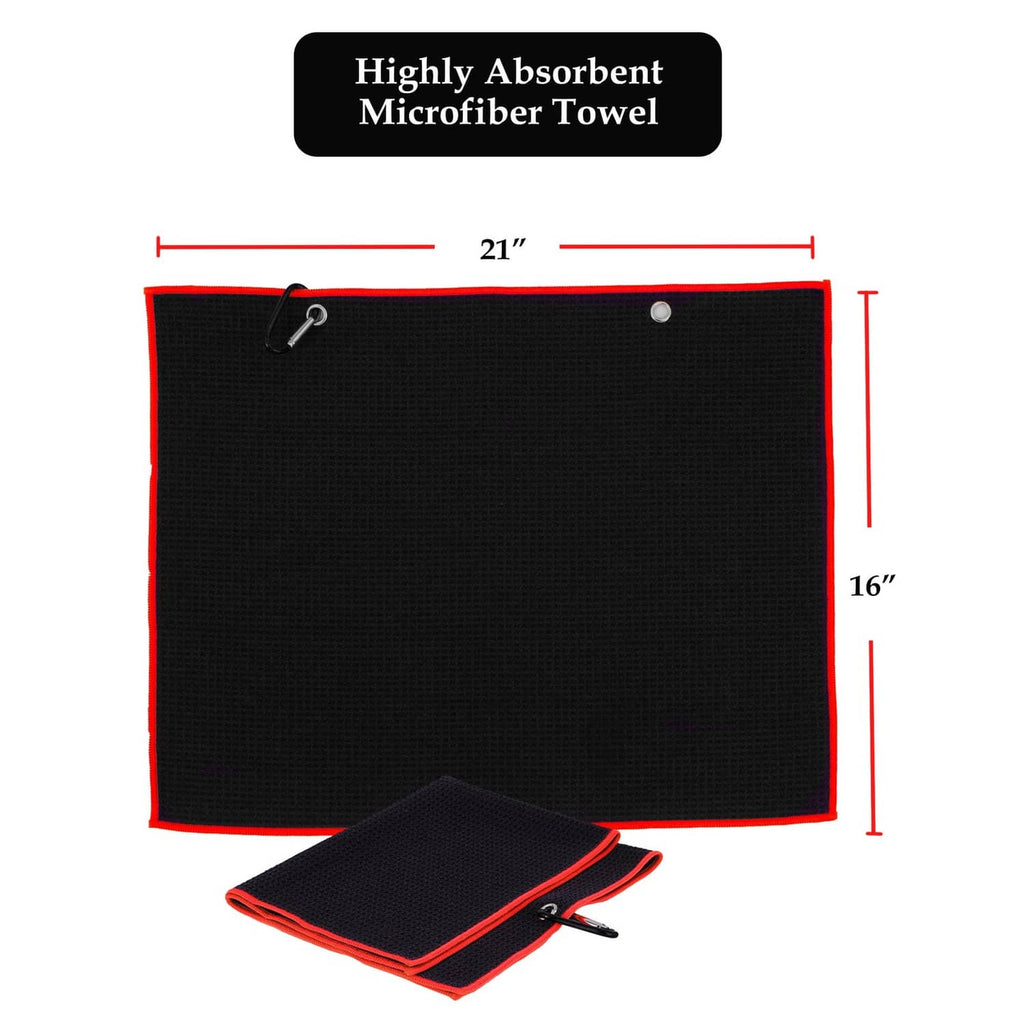 Black microfiber golf towel with red trim, 21 in hanging loop and foldable cloth
