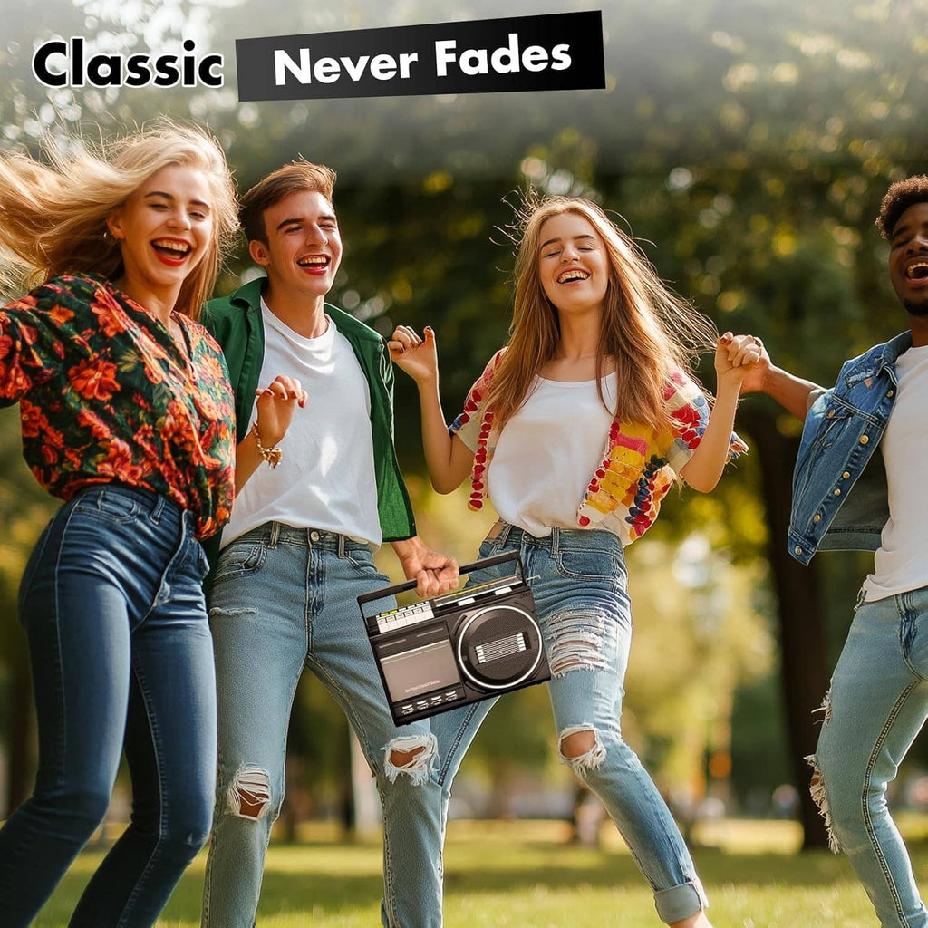 Black portable cassette boombox with front speaker grille, carried outdoors