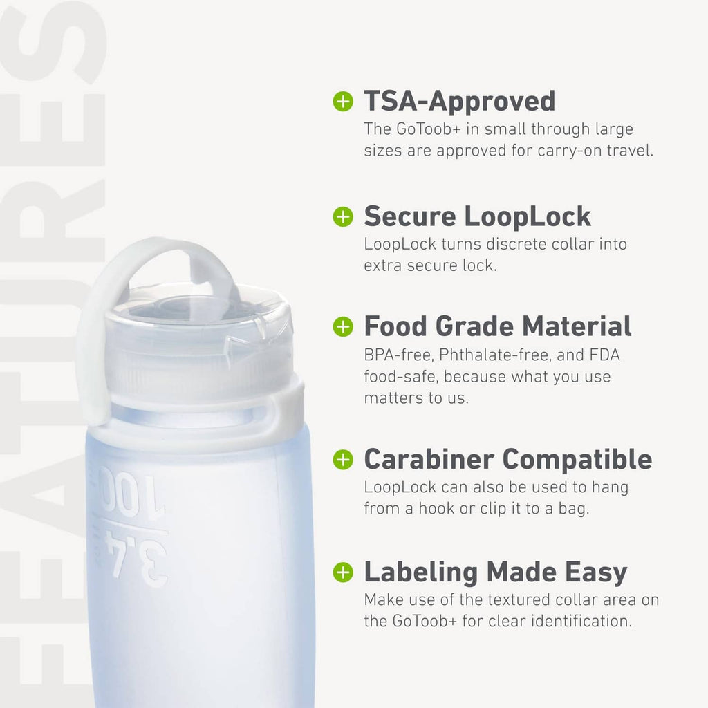 Refillable silicone travel bottle with loop-lock collar, white bottle with open top