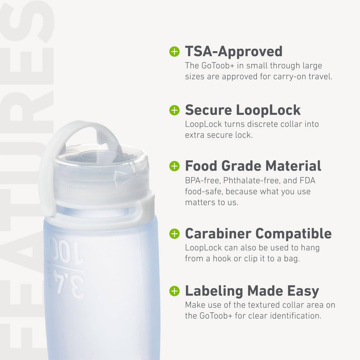 Refillable silicone travel bottle with loop-lock collar, white bottle with open top