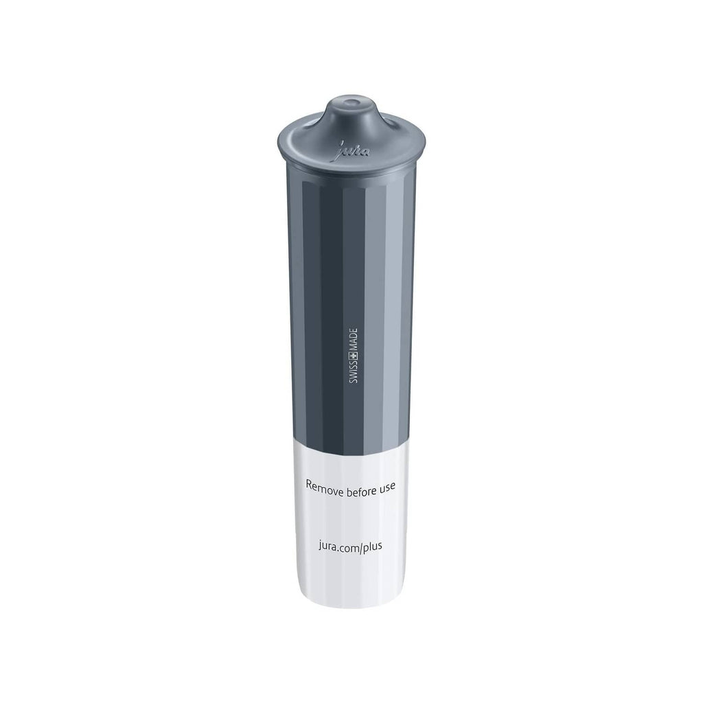 Gray Jura water filter cartridge with bottom label and text band