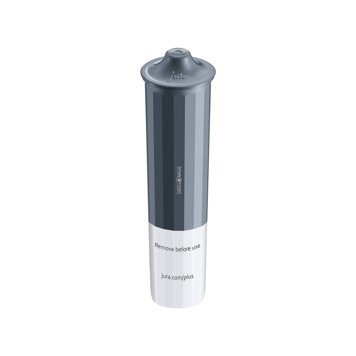 Gray Jura water filter cartridge with bottom label and text band