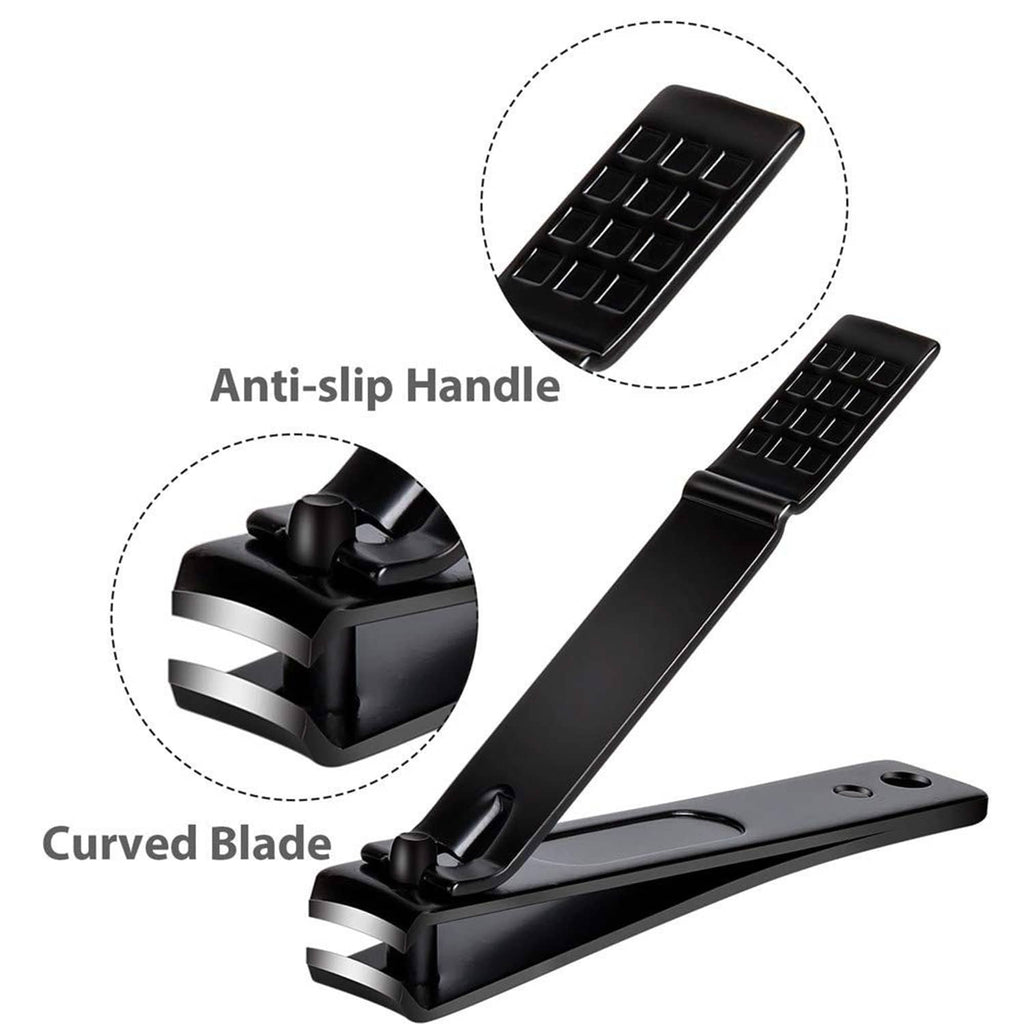 Black toenail clippers with anti-slip handle pads and curved blade design