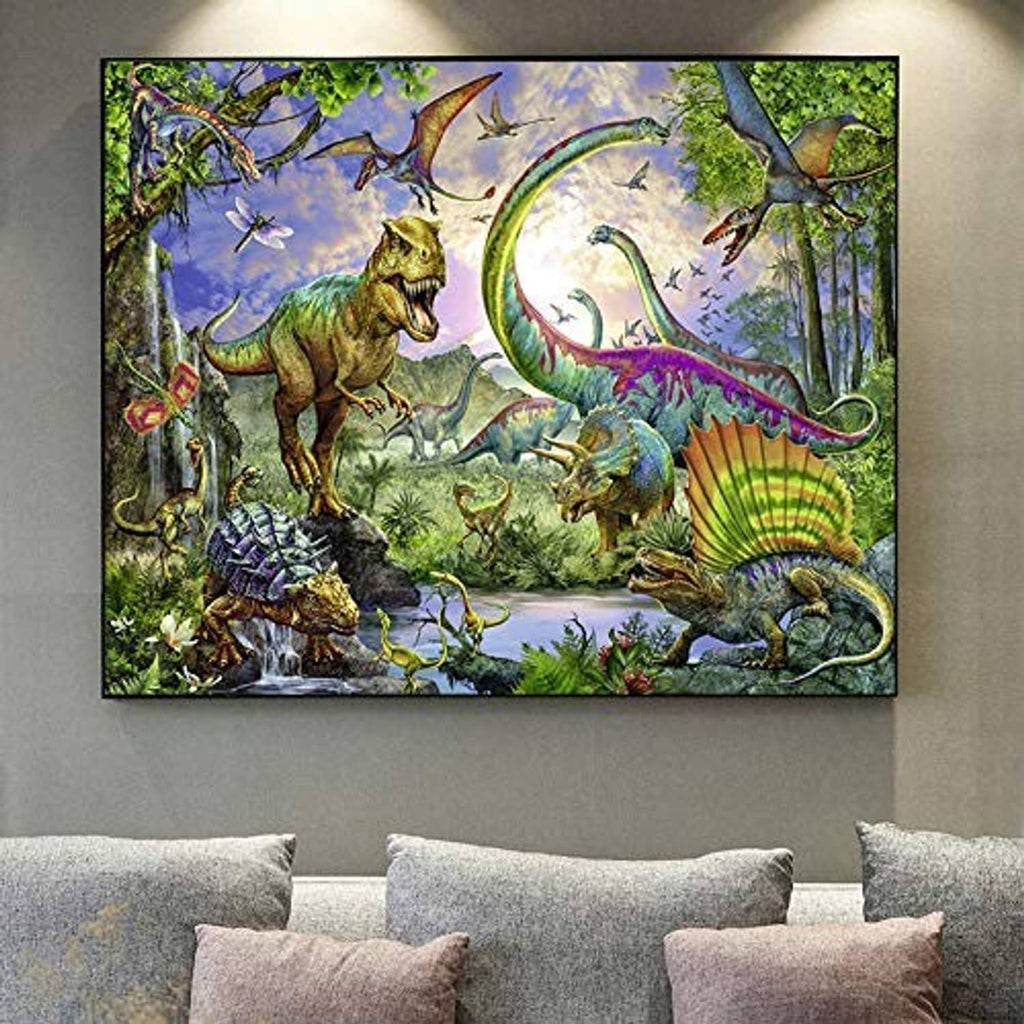 Framed diamond art painting of colorful dinosaurs with a long serpentine dragon.