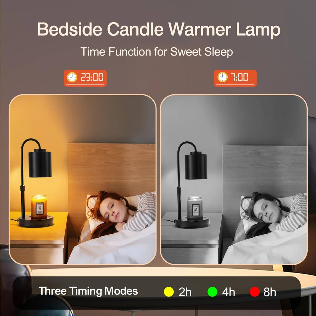 Black candle warmer lamp with digital timer display panel beside a bed