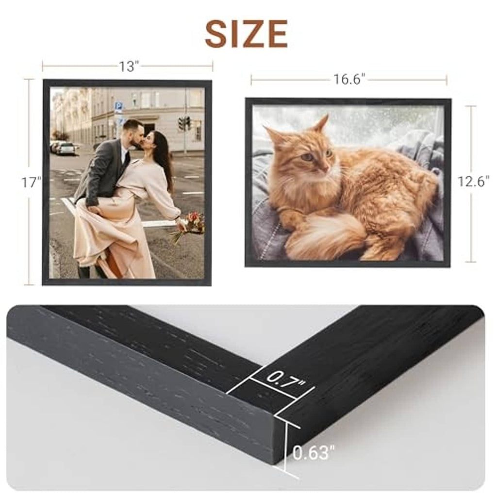 Black wooden 13x17 picture frame with corner miter and thickness detail