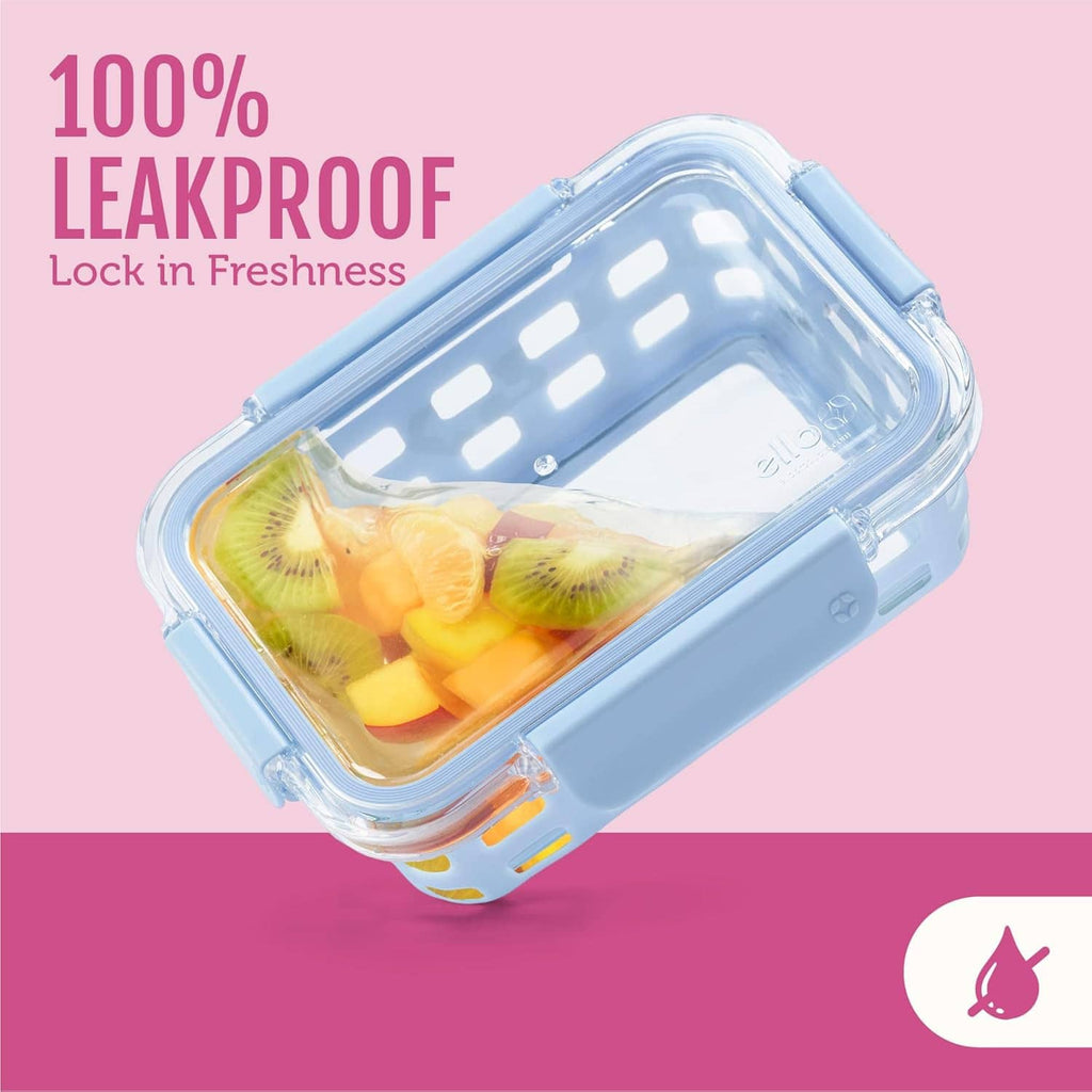 Blue glass meal prep container with clear lock lid for leakproof freshness