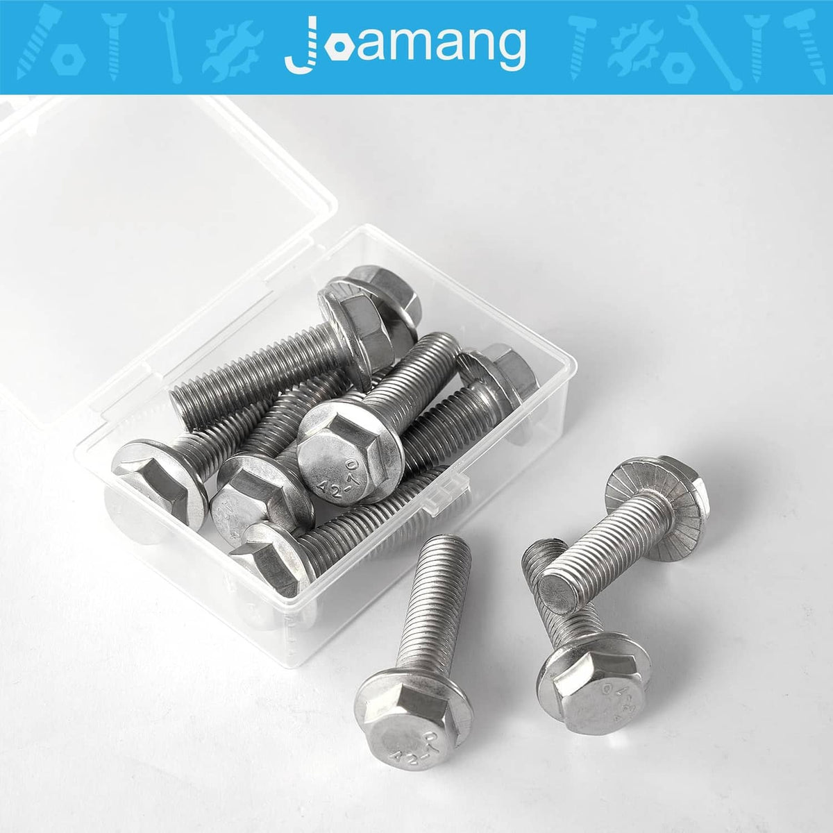 Silver flanged hex head bolts in a clear plastic box, plus a few loose bolts