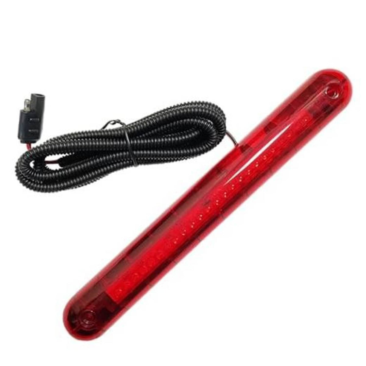 Universal third brake light bar with red LED lens and black coiled wiring harness