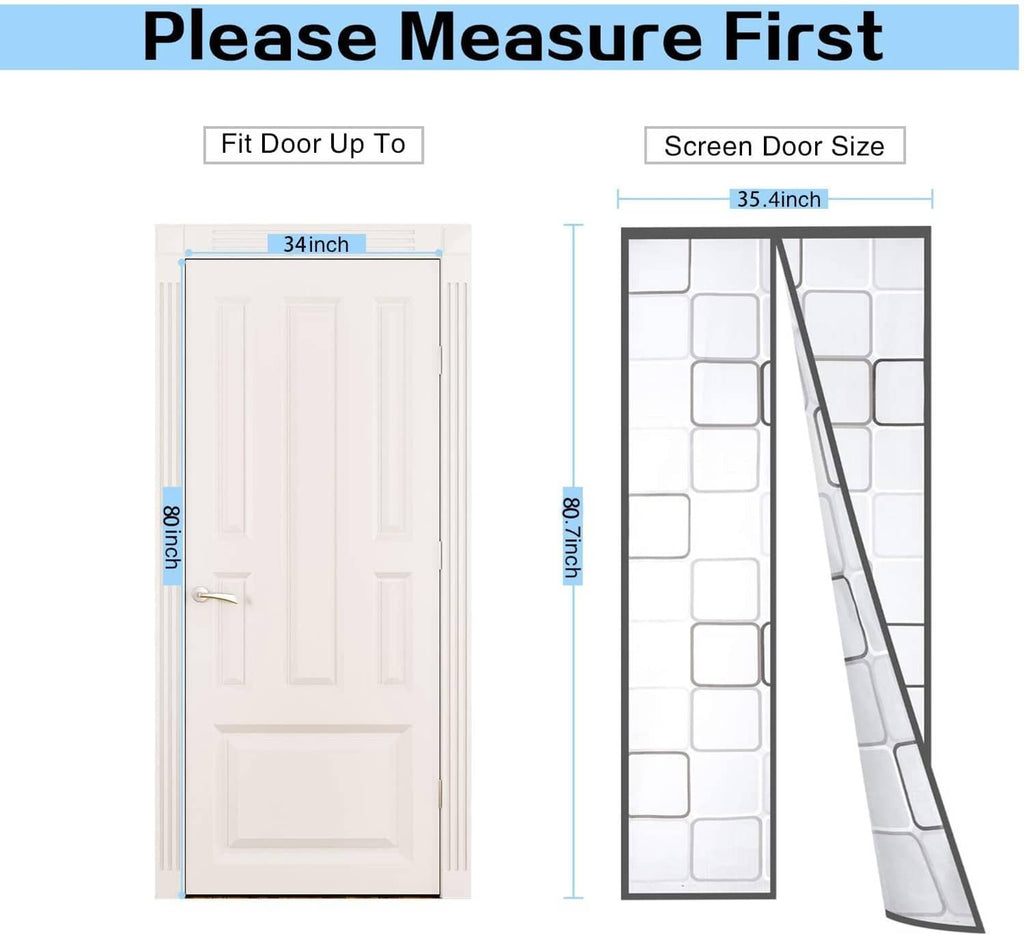 Insulated door curtain sizing view with white mesh panel and gray edge trim