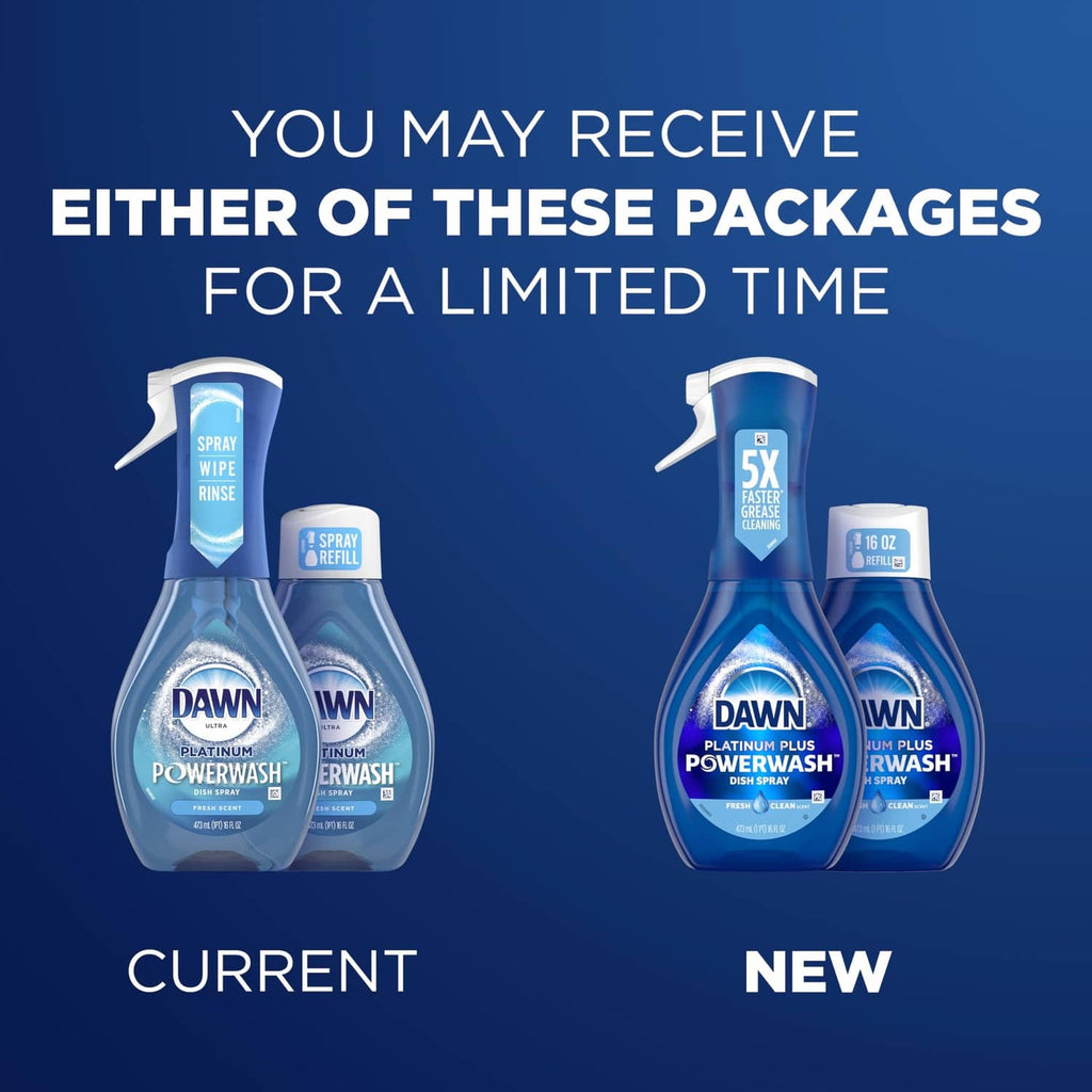 Dawn Platinum Plus Powerwash spray bottles showing current and new refill packages