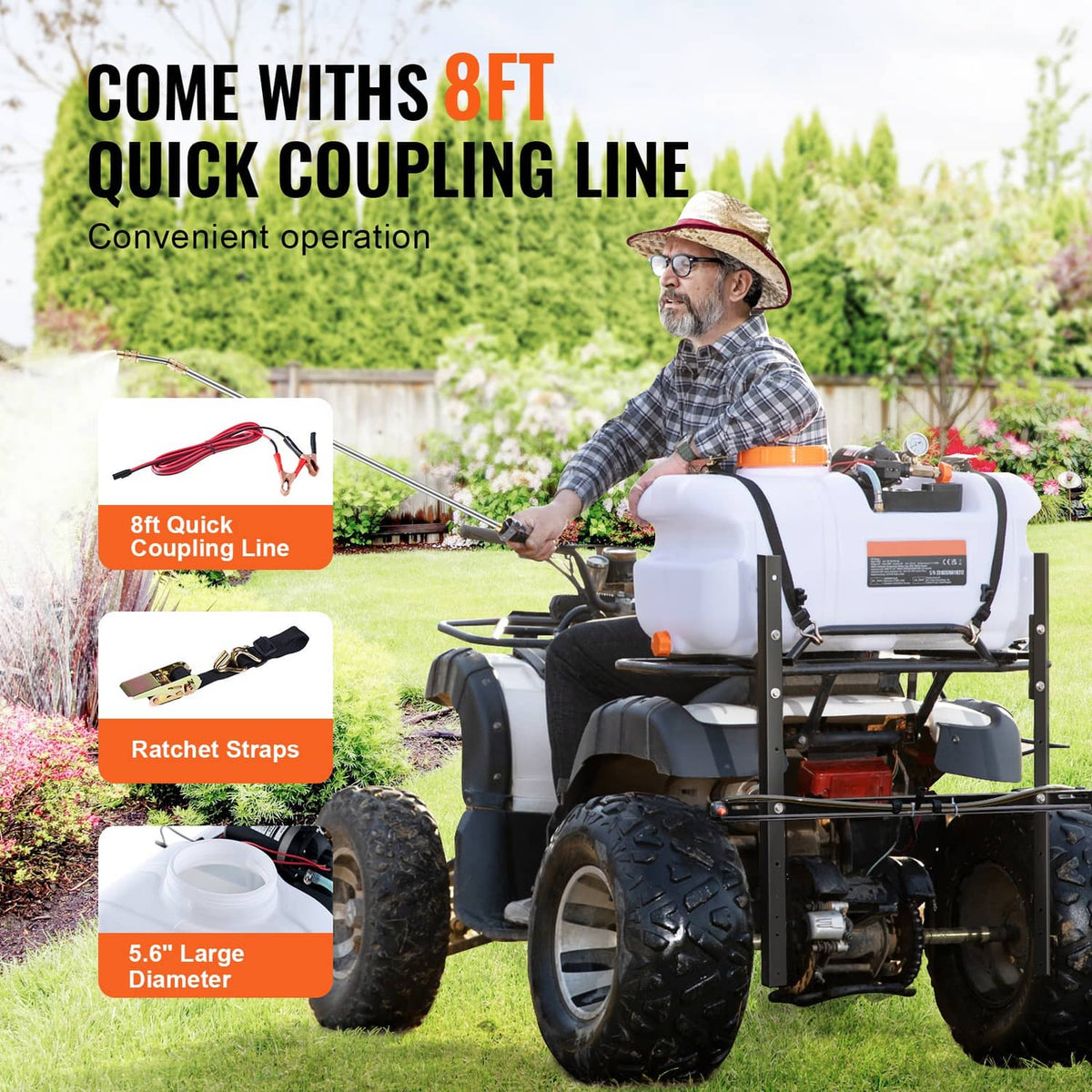 ATV spot sprayer with 8ft quick coupling line and patch straps accessories