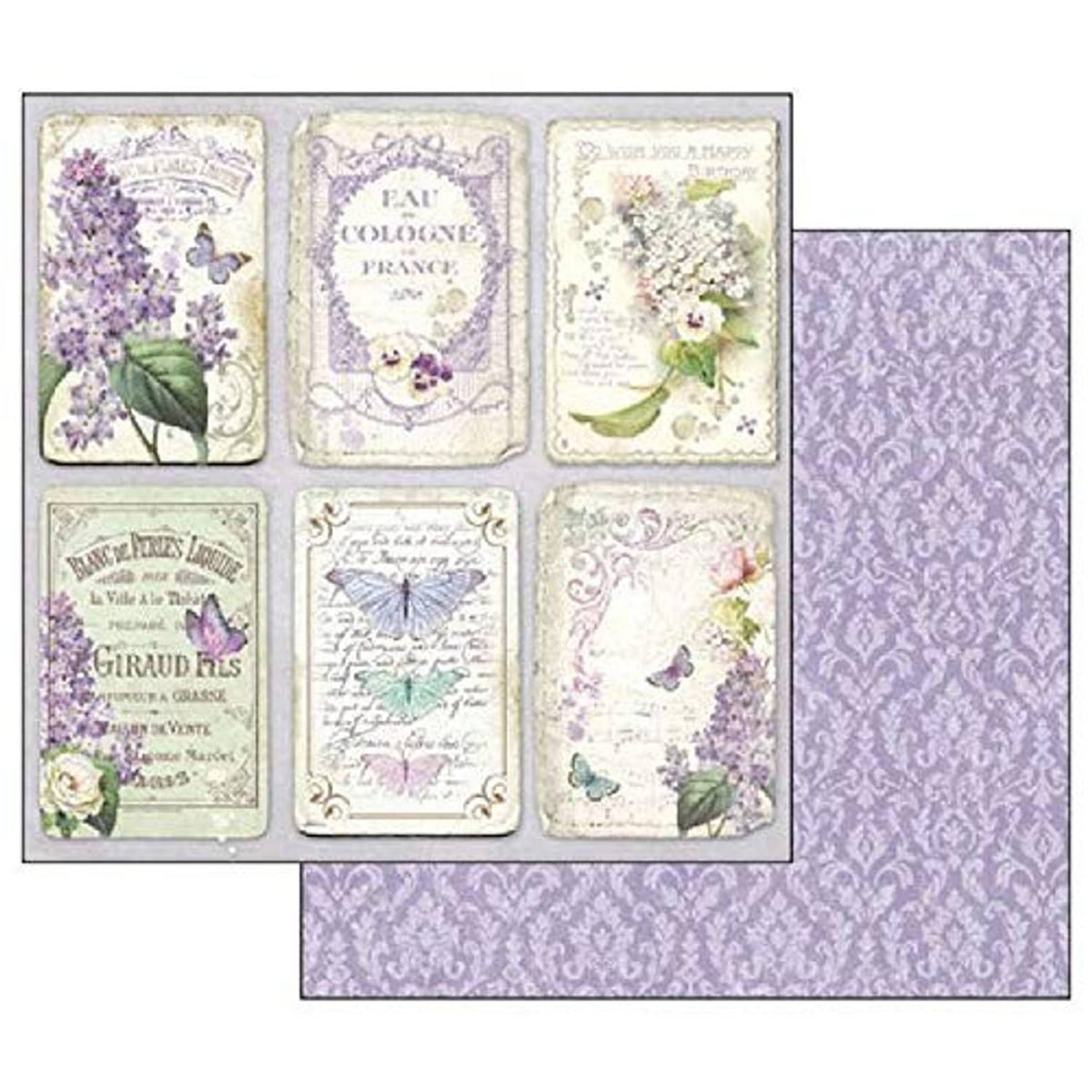 Lilac double-sided paper sheets with vintage labels, butterflies, florals, and ornamental prints.
