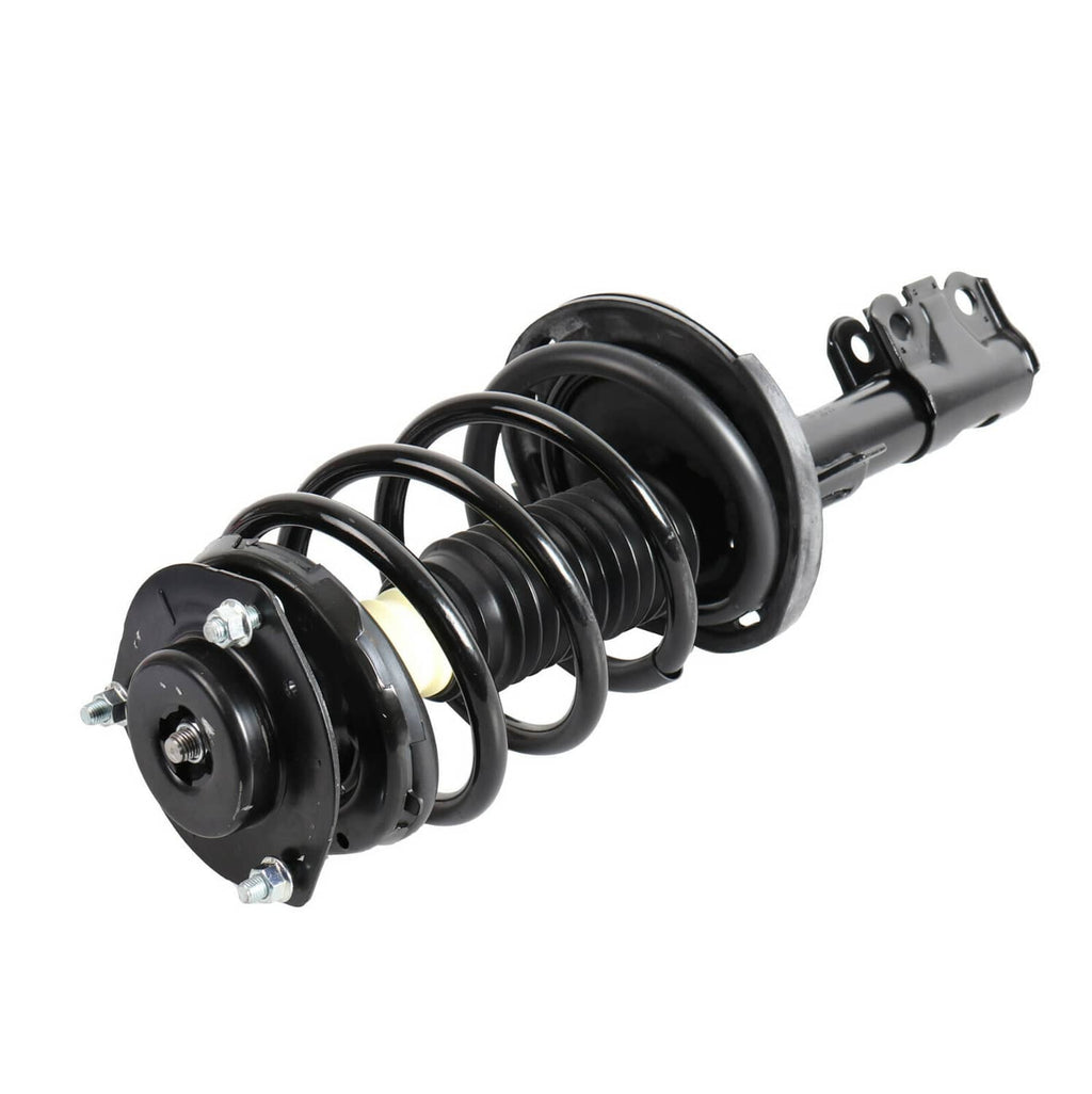 Shock strut assembly with black coil spring, strut body, and bracket mount