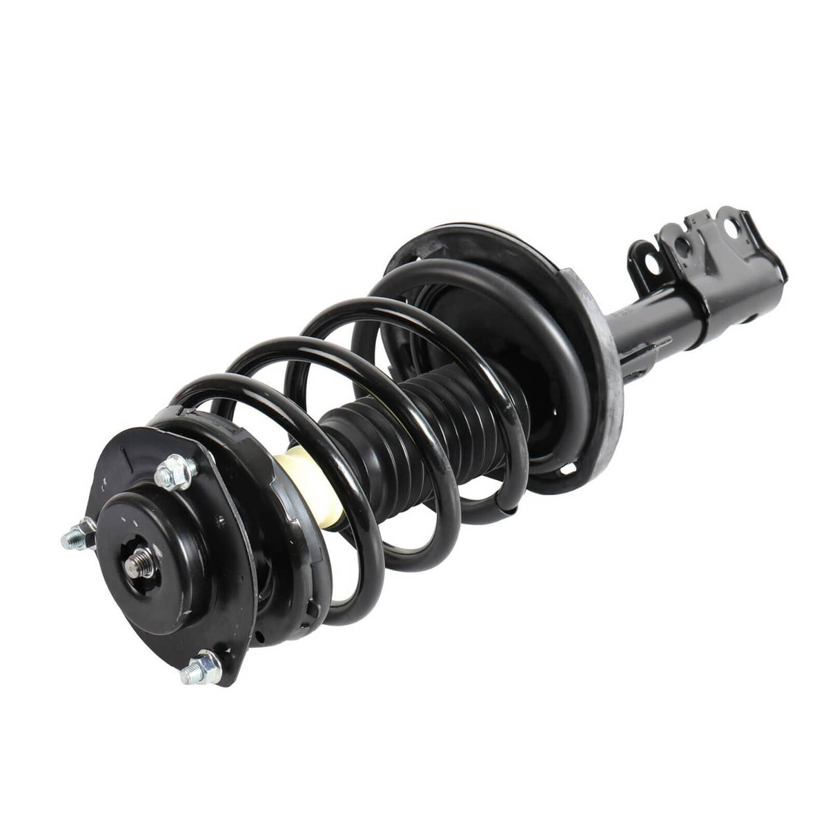 Shock strut assembly with black coil spring, strut body, and bracket mount