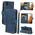 Blue flip wallet phone case with magnetic closure, card slots, and wrist strap